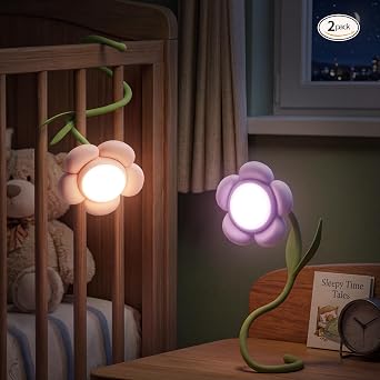 Rechargeable Flower Nursery Night Light for Kids & Room Decor | Cute Breastfeeding Light for Bed Frame & Midnight Feeds, Stepless Dimming & Flicker-Free, Portable Bedside Lamp, Pink&Purple