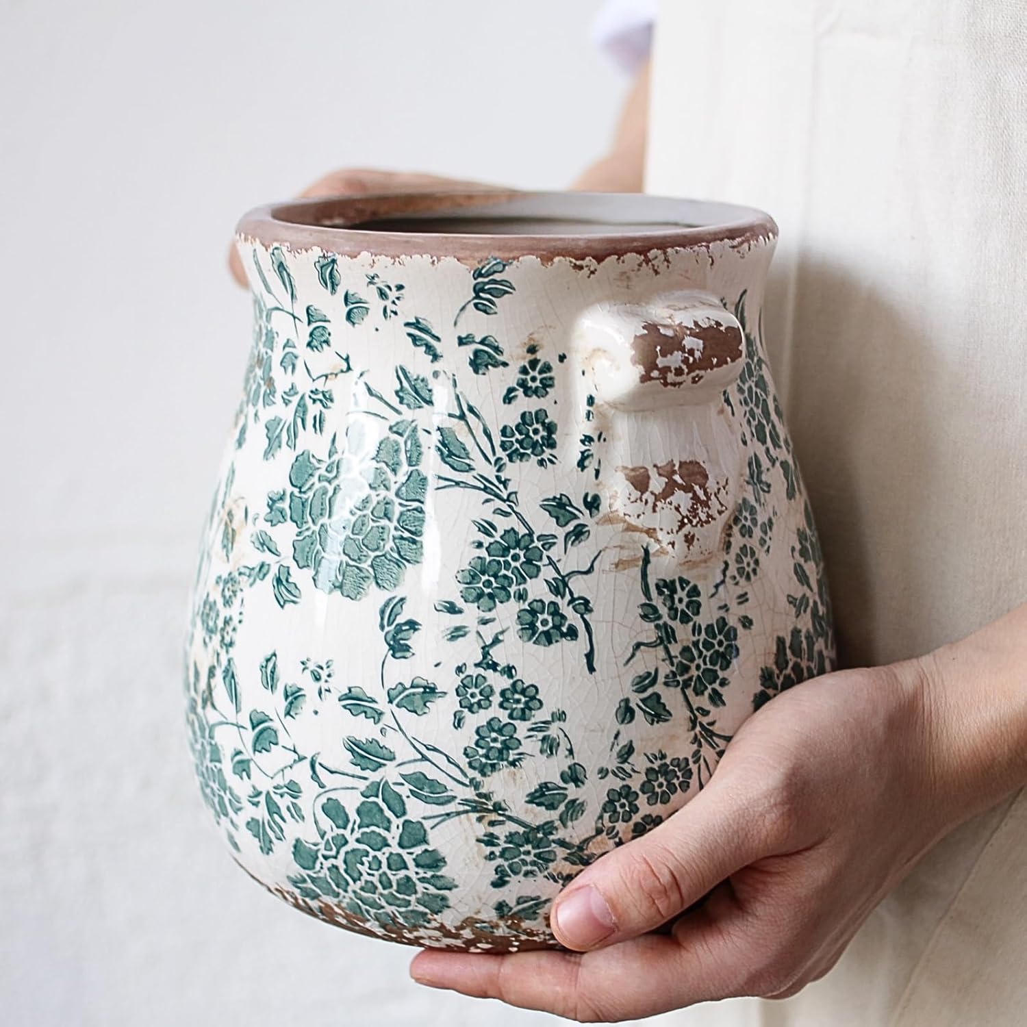 Xiaan Jiaju Tuscan Ceramic Planters and Kitchen Utensil Holder, 6.68 Inch Vintage Plant Pots with Drainage for Indoor/Outdoor, Country Cottage Vase for Home Garden Decor, Gifts for Plant Lovers, Cyan