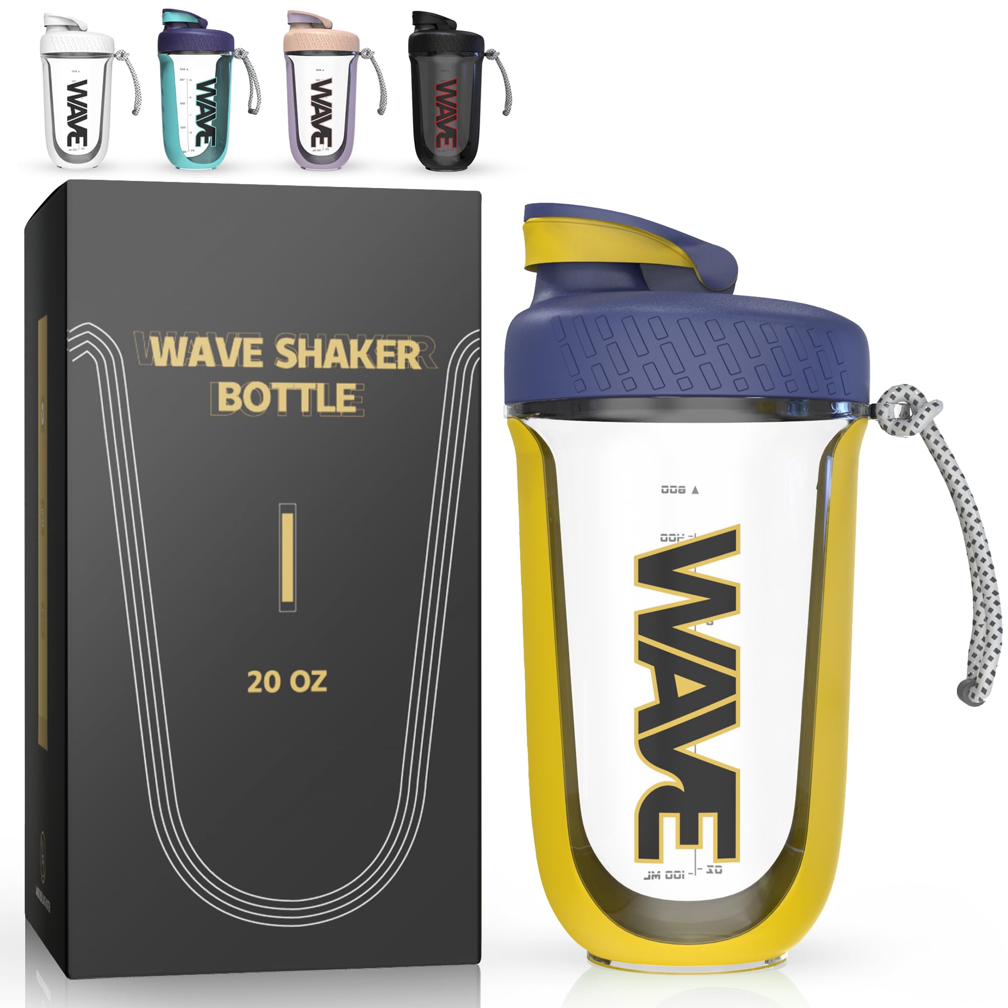 Wave Shaker Bottle 20oz | No Blender Ball Needed | Great For Pre Workout, Protein Shakes, and Cocktails | BPA Free | Rope Handle