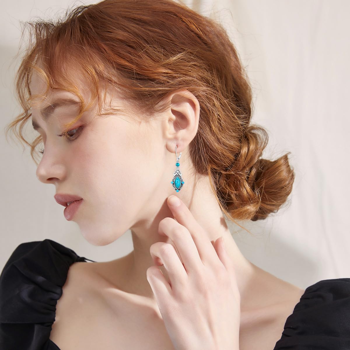 Vintage Genuine Turquoise Earrings 925 Sterling Silver Oxidized Turquoise Leverback Earrings Jewelry Gift For Women - Image 4