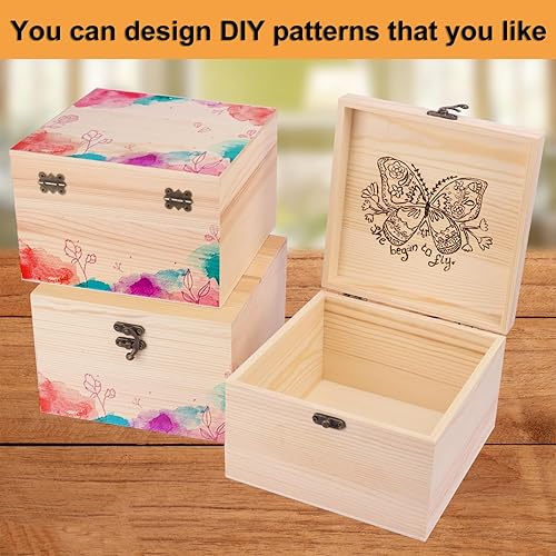 Miniatura 6 de GNIEMCKIN Paquete de 3 cajas de madera, cajas de madera sin pintar sin terminar para manualidades, proyectos de bricolaje y almacenamiento de joyas