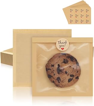 FireKylin 100 Pack Cookie Bags with Heat Sealing, 5.7 x 6.5 Inch Bakery Bags with Window, Grease Resistant Cookie Packing for Treats, Baked Goods, Bagel, Cake Slice, Sandwich 5.7"x6.5"-100pcs