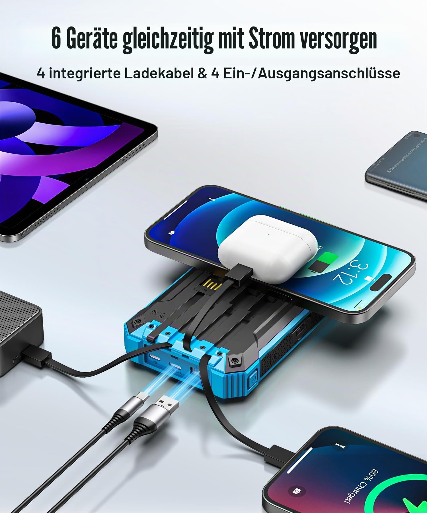 Wireless Solar Powerbank 26800mAh mit 4 Kabel, 15W Schnellladung für Handy