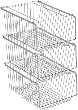 SANNO 14" Stacking Baskets Bin Wire Storage Baskets Organization Farmhouse Scoop Baksket for Pantry, Kitchen, Closets, Bathroom, Cabinets, Kitchen, Narrow, Set of 3