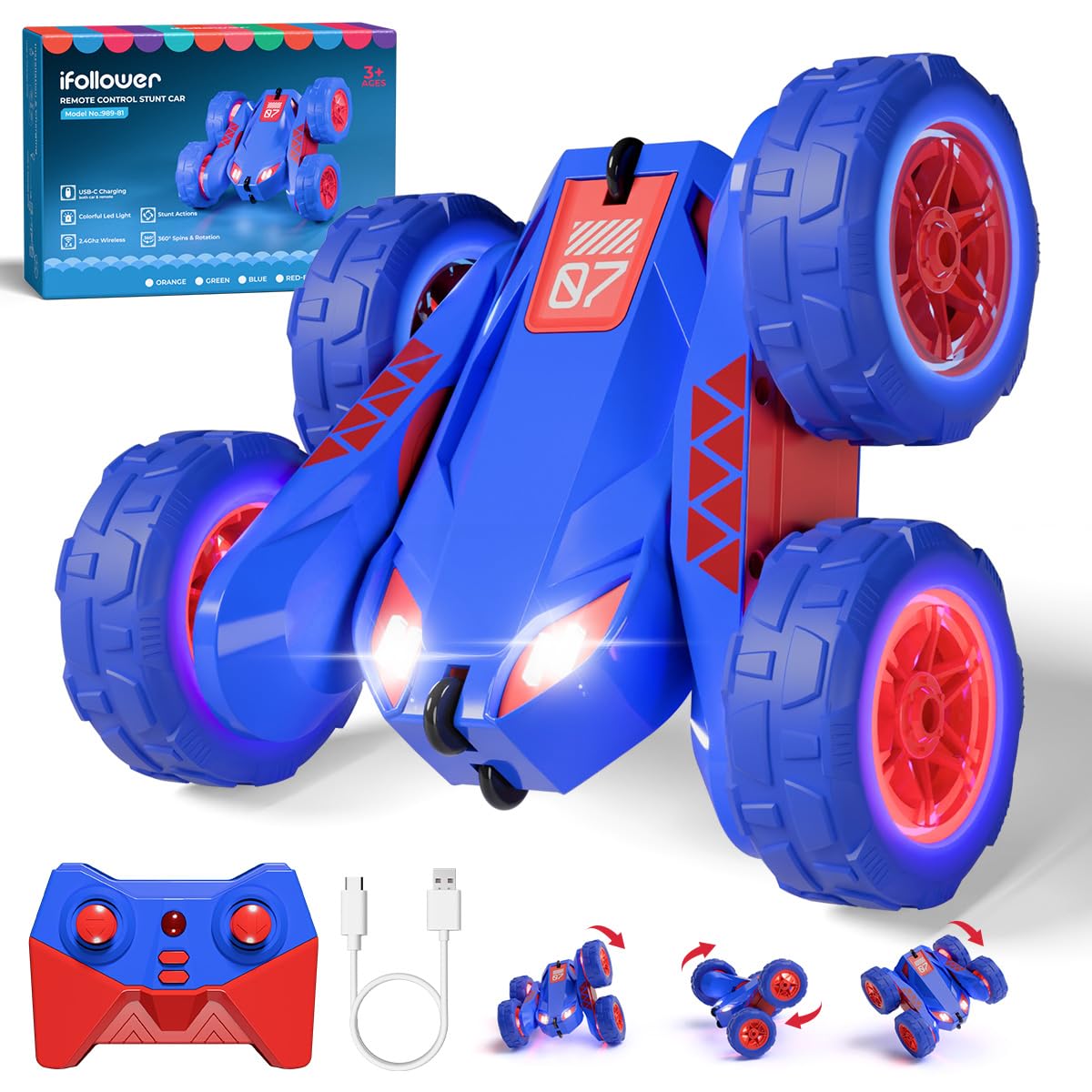 Voiture Télécommandée USB Chargement Direct avec LED,2.4Ghz 360° Rotation Monster Truck Tout Terrain,RC Voiture Radiocommandée Cadeau Jouet Enfants 3-12 Ans Garçon Fille