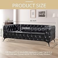 Vista 2 de Sofás negros para sala de estar, moderno sofá Chesterfield copetudo, asiento profundo, cómodo sofá de piel sintética, brazos enrollados plisados