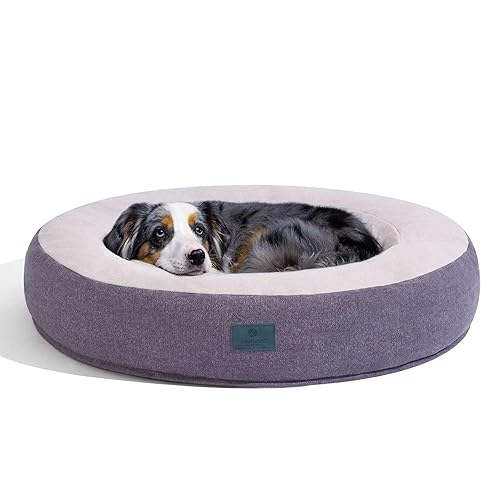Veehoo Calming Donut Dog Bed, 90cm Self Calming Dog Bed Machine Washable Round Fluffy Donut Dog Cuddler Cozy Soft Dog Cat Cushion Bed for Small Medium Dogs Cats, Purple Gray - 90L x 90W x 23H cm - Purple Gray