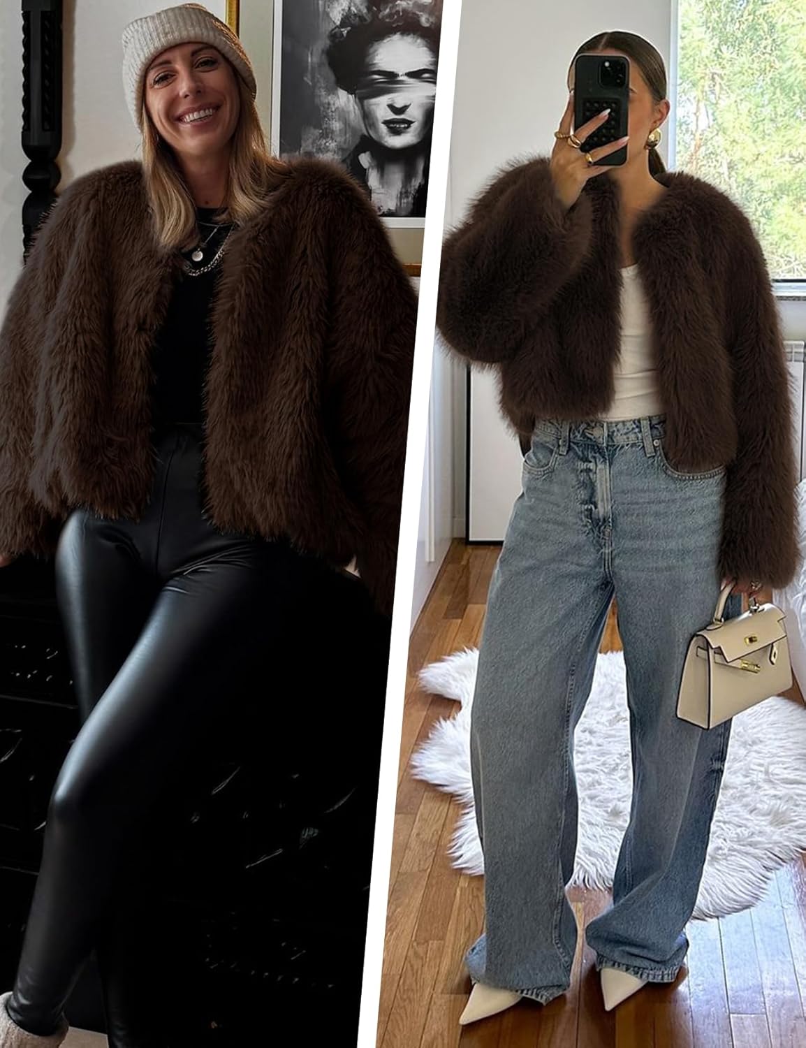 Shiyifa Women's Faux Fur Coat Long Sleeve Fleece Cropped Jacket Open Front Shaggy Warm Short Fall Winter Outerwear(Coffee-L) - Image 4