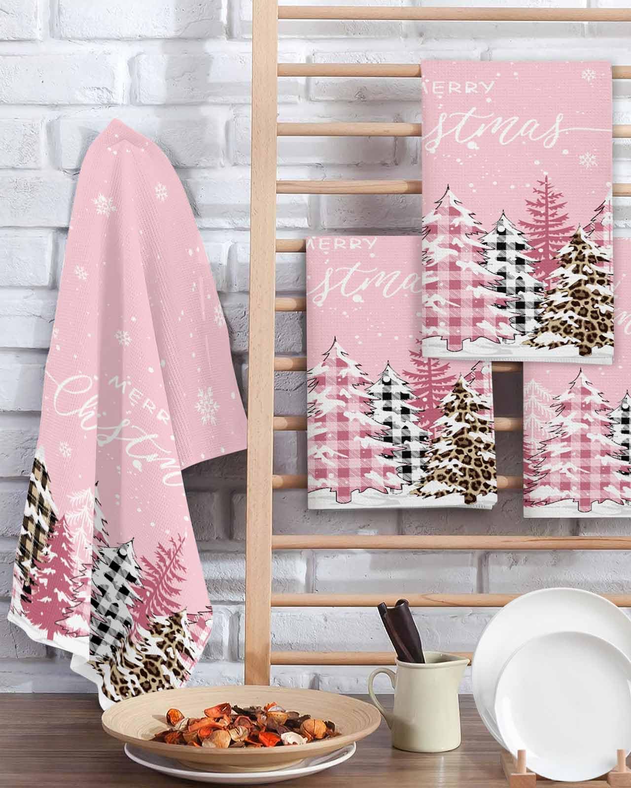 Hokiten Pink Christmas Tree Waffle Kitchen Towels Dishcloths, Winter Xmas Tree Snowflake Absorbent Dish Towels | Hand Towels for Bathroom/Bar, 16 x 24 Inch, 4 Pcs