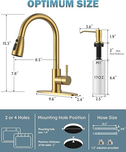 Miniatura 6 de WOWOW - Grifo de cocina de oro cepillado con dispensador de jabón, grifo de cocina de acero inoxidable para fregadero, grifo de cocina de una sola