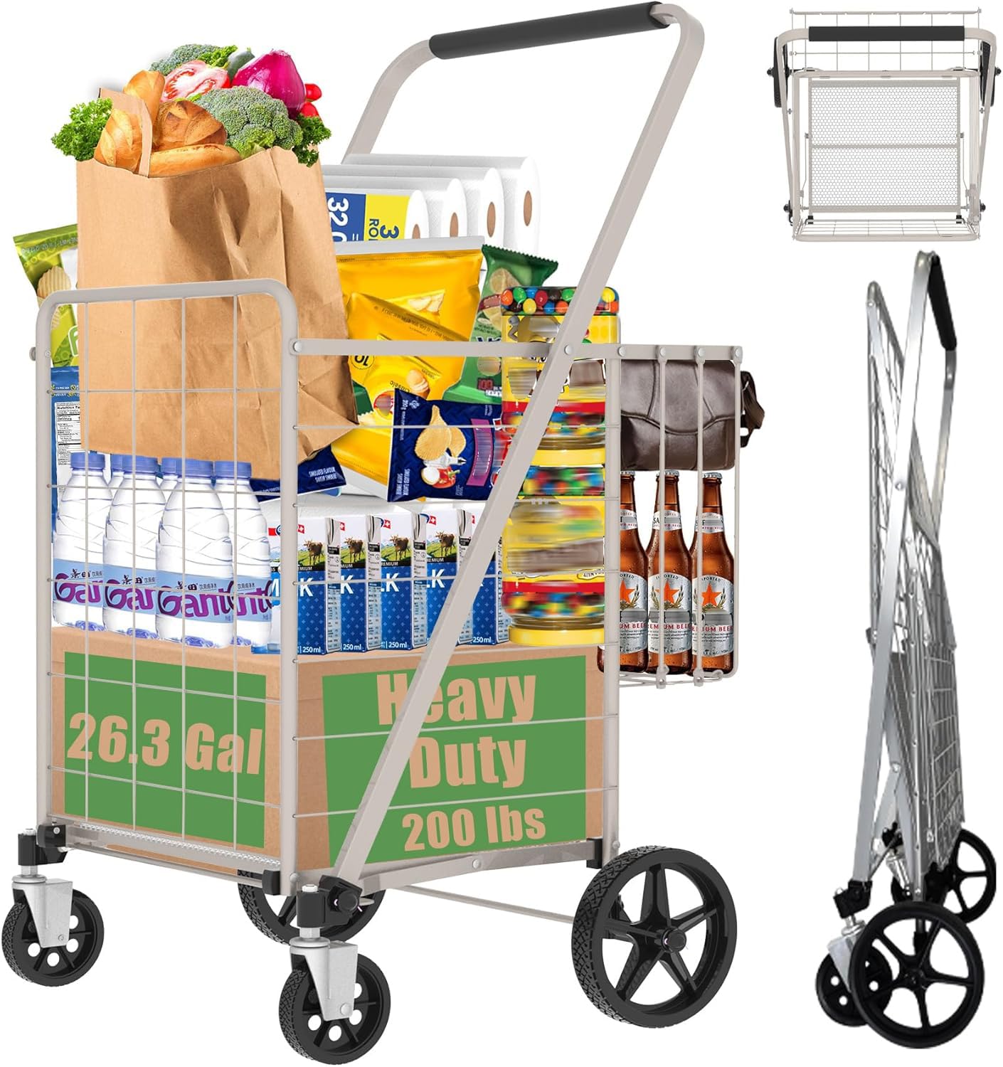 Shopping Cart for Groceries, 320lbs Jumbo Grocery Carts with Waterproof Liner, Foldable Double Basket Trolley with 360° Swivel Wheels, Dense Metal