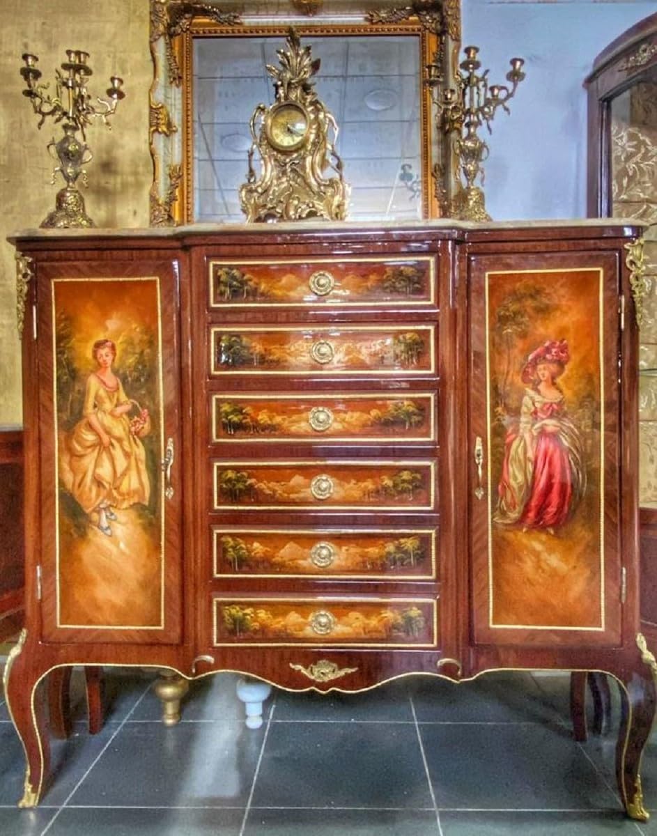 Casa Padrino Komoda barokowa z blatem z marmuru brązowy/wielokolorowy/złoty/kremowy - ręcznie robione meble z litego drewna w stylu barokowym - meble do salonu w stylu barokowym - meble barokowe