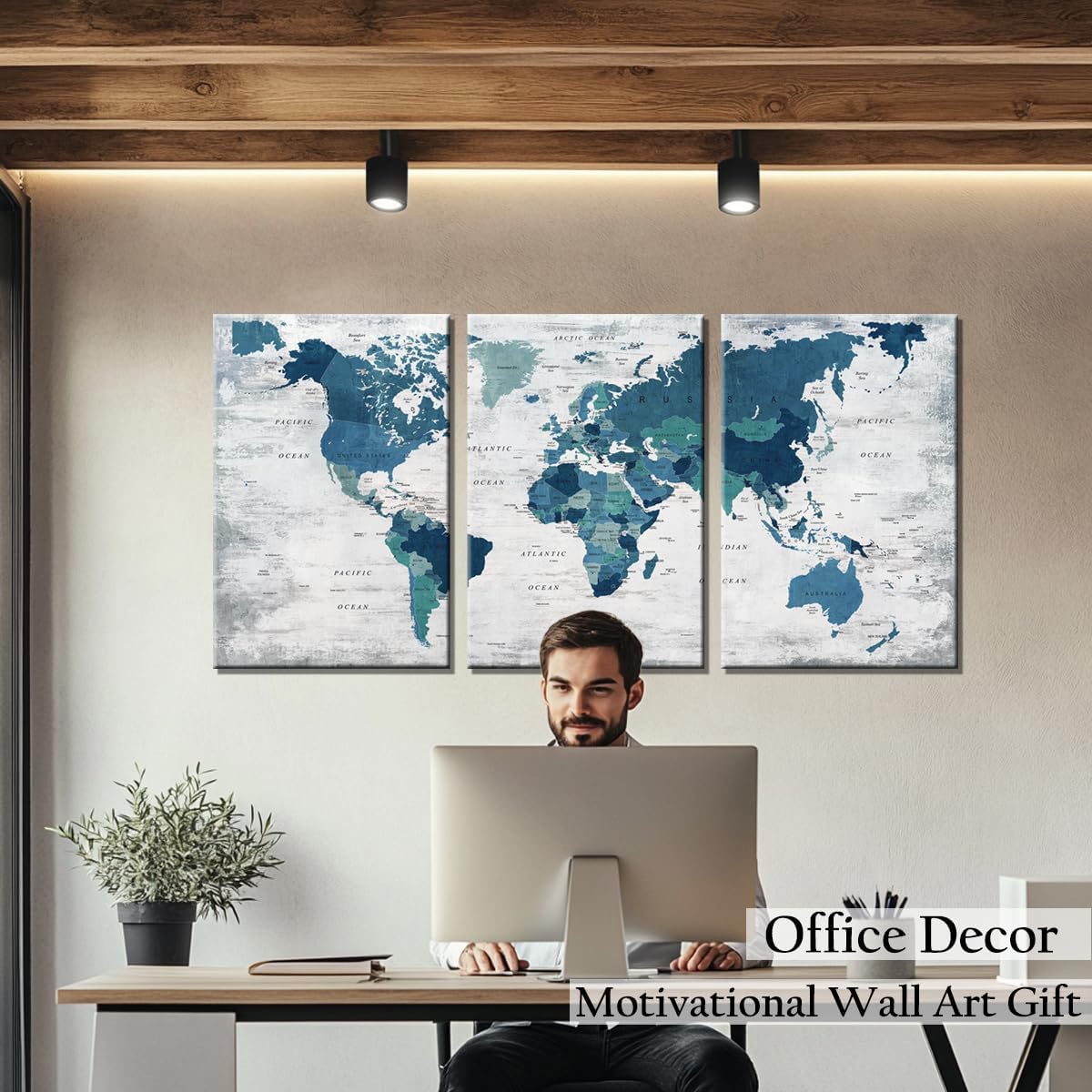 Canvas Wall Art World Map Pictures for Living Room Office Farmhouse Wall Decoration Abstract Print Art Teal Decor Rustic Map of the world Picture Framed Artwork for Home Office Decoration Large
