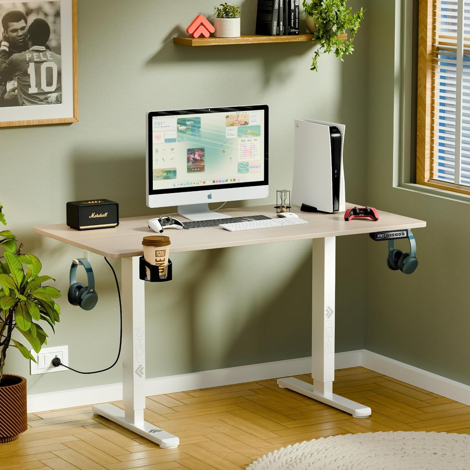 ARTIKEL Artidesk Eco Electric Height Adjustable Table for Office Work & Home-Sit Stand Gaming Desk 80kg Load, Cup Holder, 2 Hooks,Cable Organizer 2Split Tabletop (Light Oak, Eco - 100x60 CM)