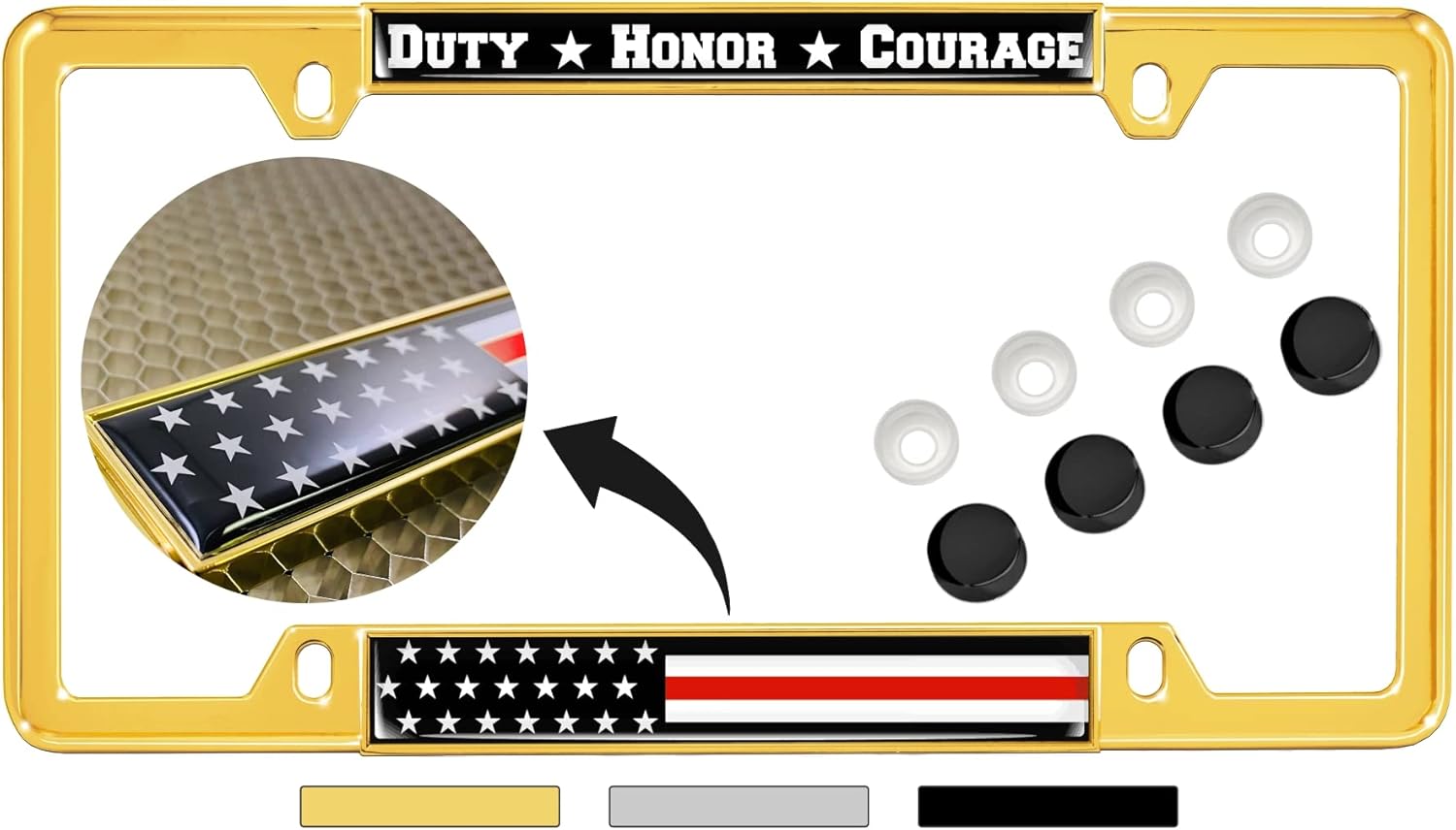 Support Firefighters Duty Honor Courage Thin Red Line (Stripe) USA Flag - Domed Custom-Made Personalized Narrow (Thin) Top 4 Hole Metal Car License Plate Frame with Free caps - Black (Qty: 1 Frame)