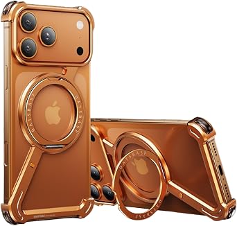 Minimalist Bumper Case for iPhone 17 Pro Max, 360 Rotation Kickstand Aluminum Metal Frameless Design Z-Shaped Shockproof Protective Cover, Compatible with MagSafe, Orange