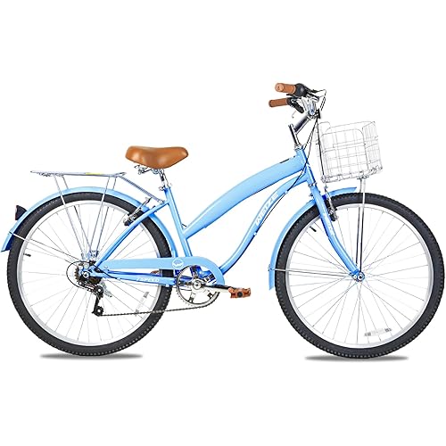 WEIZE Beach Cruiser Bike, 26 inch Commuter Bicycle for Adult Men and Women, 7-Speed/High-Carbon Steel/Front & Rear Fenders, Comfortable City Bikes with Rear Rack or Basket, Ergonomic Upright Design