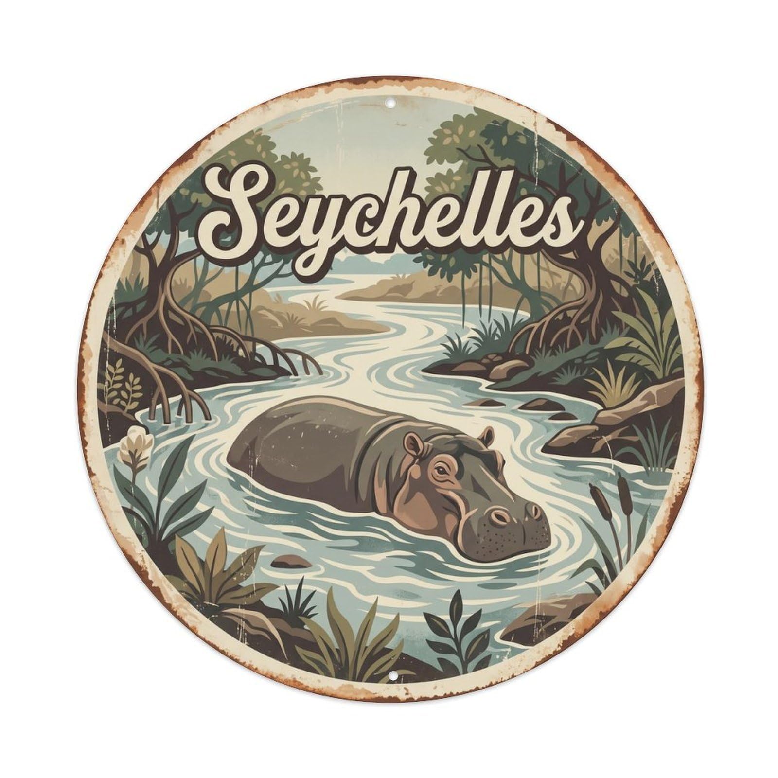 Seychelles Hippopotamus River Delta Metal Tin Sign
