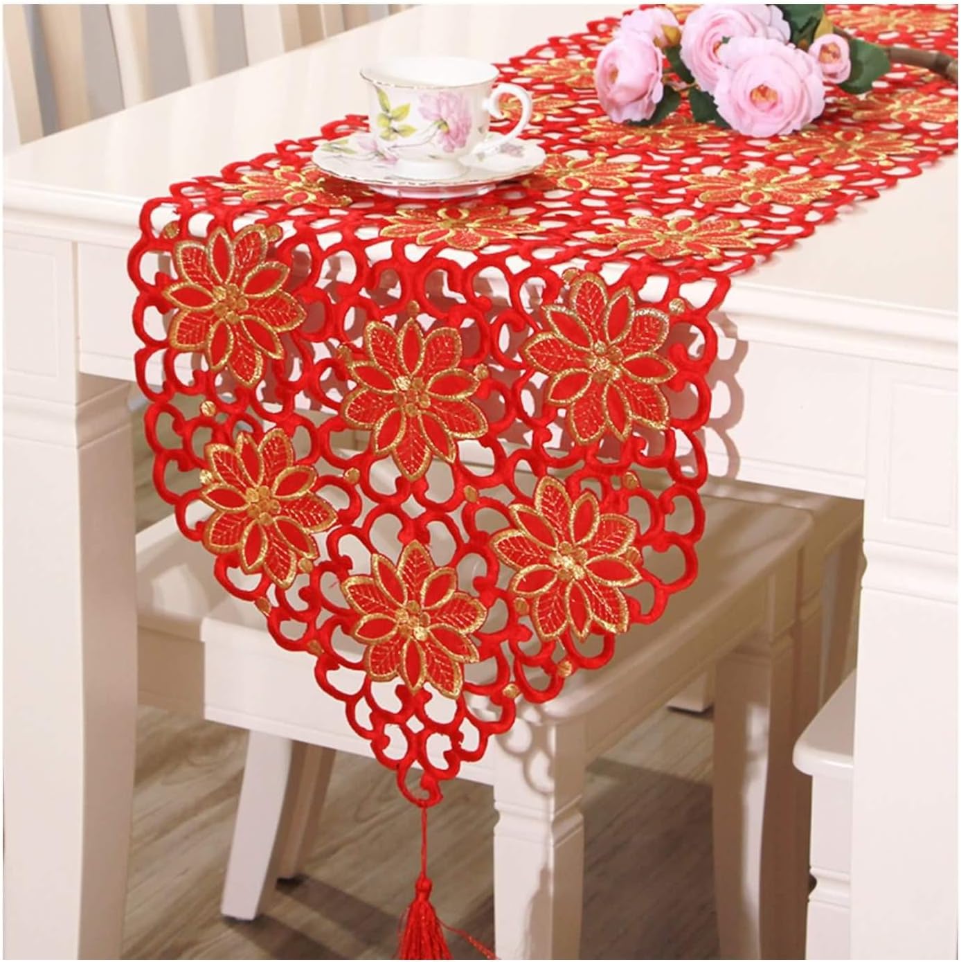 Wedding Table Runners,40x246CM,Flowers Embroidery Hollow Tassels Table Runners Cotton,Small Table Runner Rectangle Coffee