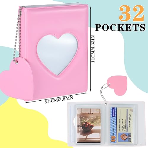 Miniatura 2 de FRIUSATE Kpop - Portatarjetas Kpop de 3 pulgadas, mini álbum de fotos con colgante de corazón de amor, rosa, 32 bolsillos
