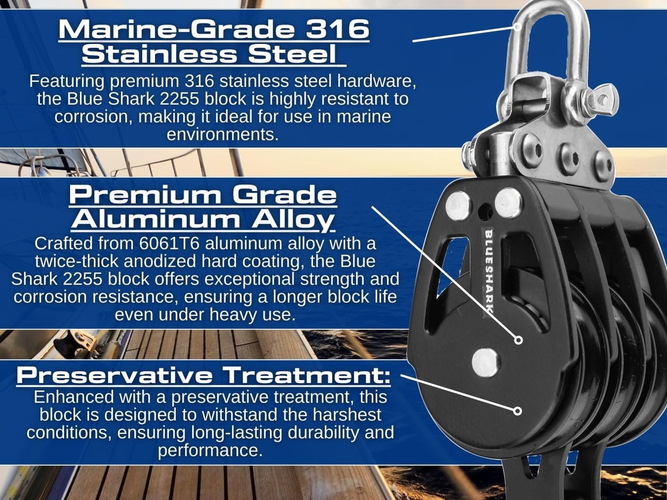 Blue Shark 2257-38 mm Fixed Triple Becket Aluminum Sailing Block - Max Line: 3/8” (10 mm), Safe Working Load (SWL): 2300 lbs, Breaking Load: 3700 lbs