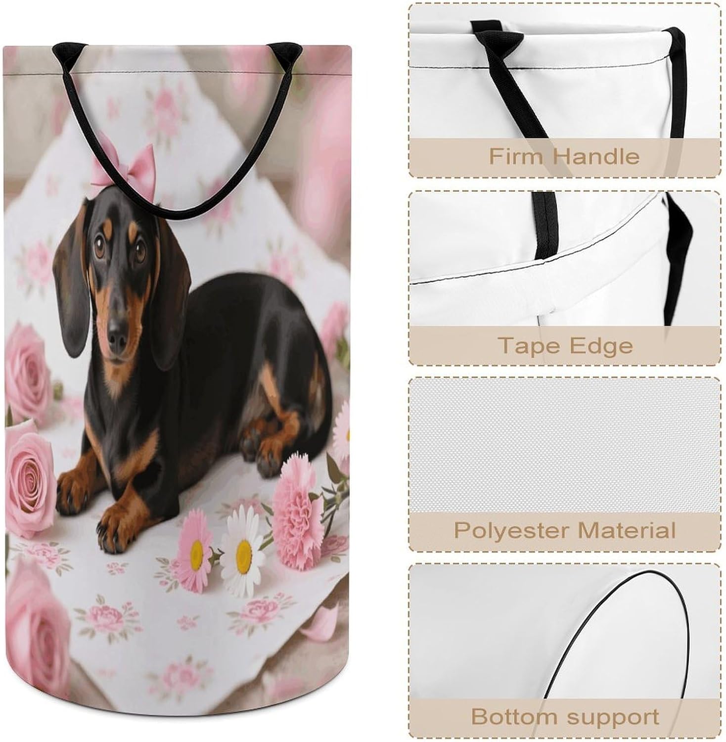 Dachshund Sausage Dogs Pink Flowers Print Laundry Hamper Portable Lightweight Clothes Hampers Fashion Dirty Laundry Storage Basket Large Capacity Foldable Clothes Baskets for Bathroom Bedroom