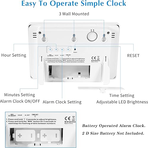 Miniatura 4 de KWANWA Reloj de pared pequeño, reloj despertador digital, pantalla extra grande de 8 pulgadas, dígitos LED de 3 pulgadas que se iluminan