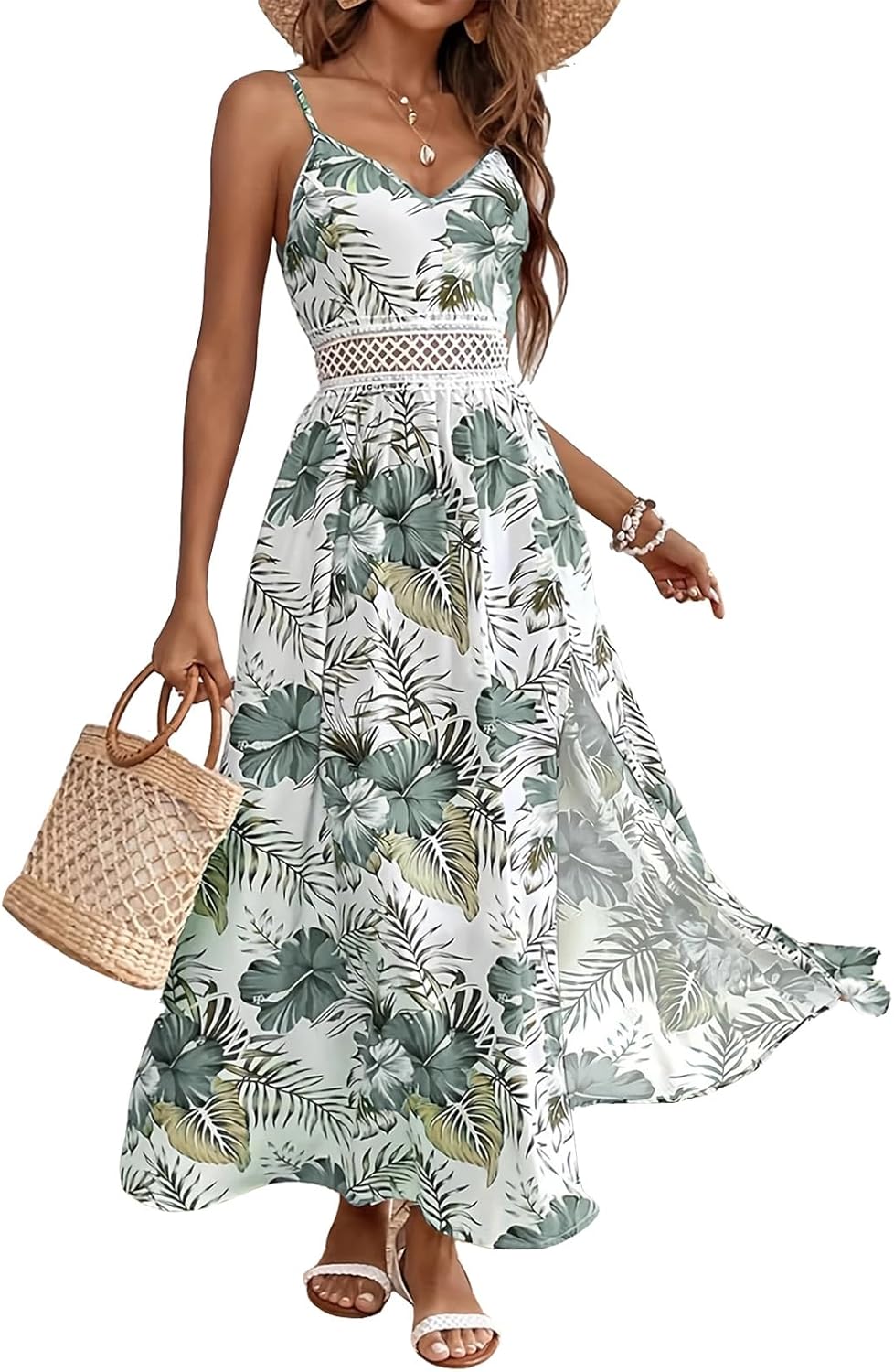 Women's Hawaiian Maxi Dresses Summer Floral Boho Sleeveless V-Neck Flowy Beach Vacation Dresses Spaghetti Straps