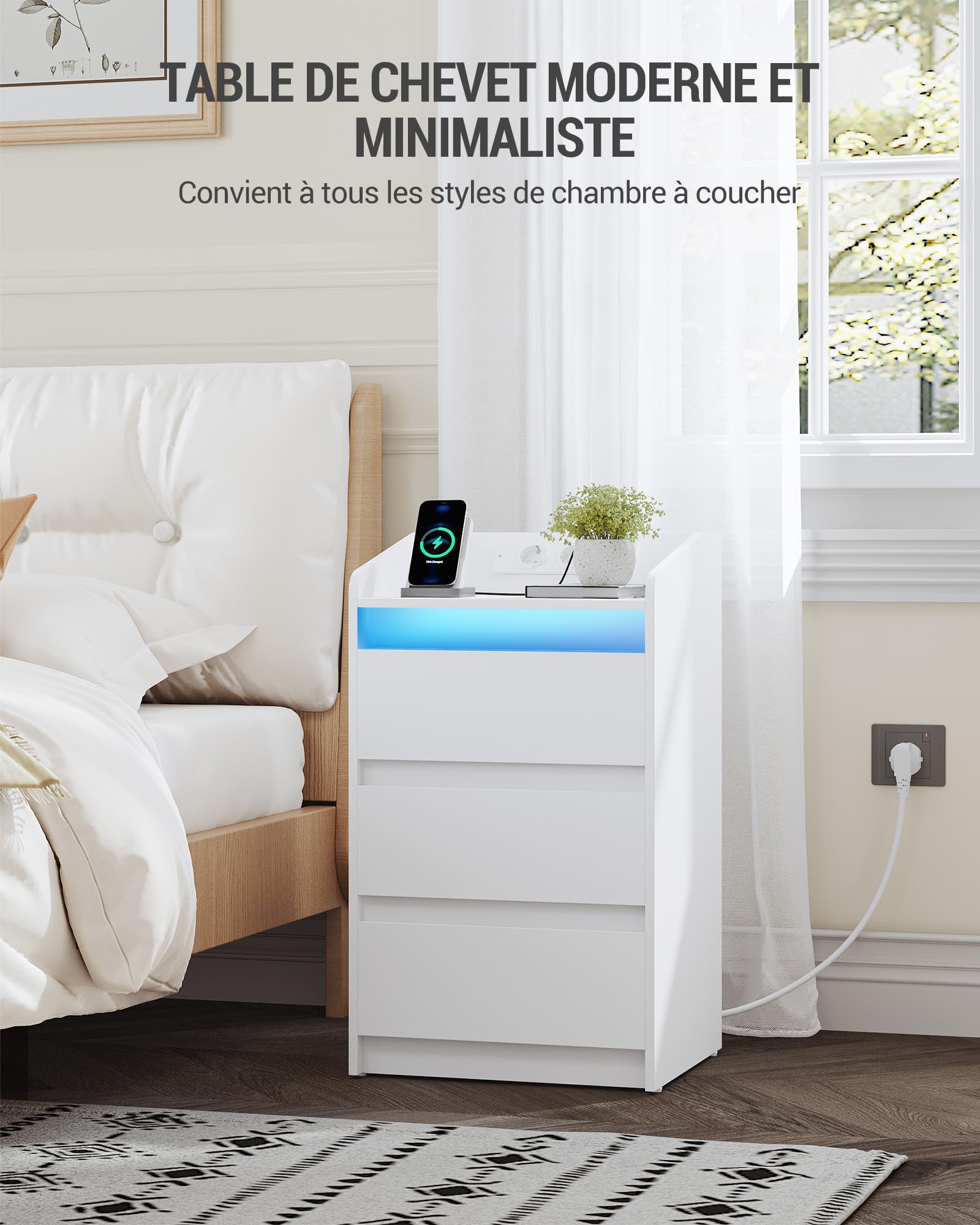 Hzuaneri Table de Chevet avec 3 Tiroirs, Table d'Appoint avec Station de Charge et LED, 2 Prises CA et 2 Ports USB pour Chambre à Coucher, Salon, Blanc NS40003X