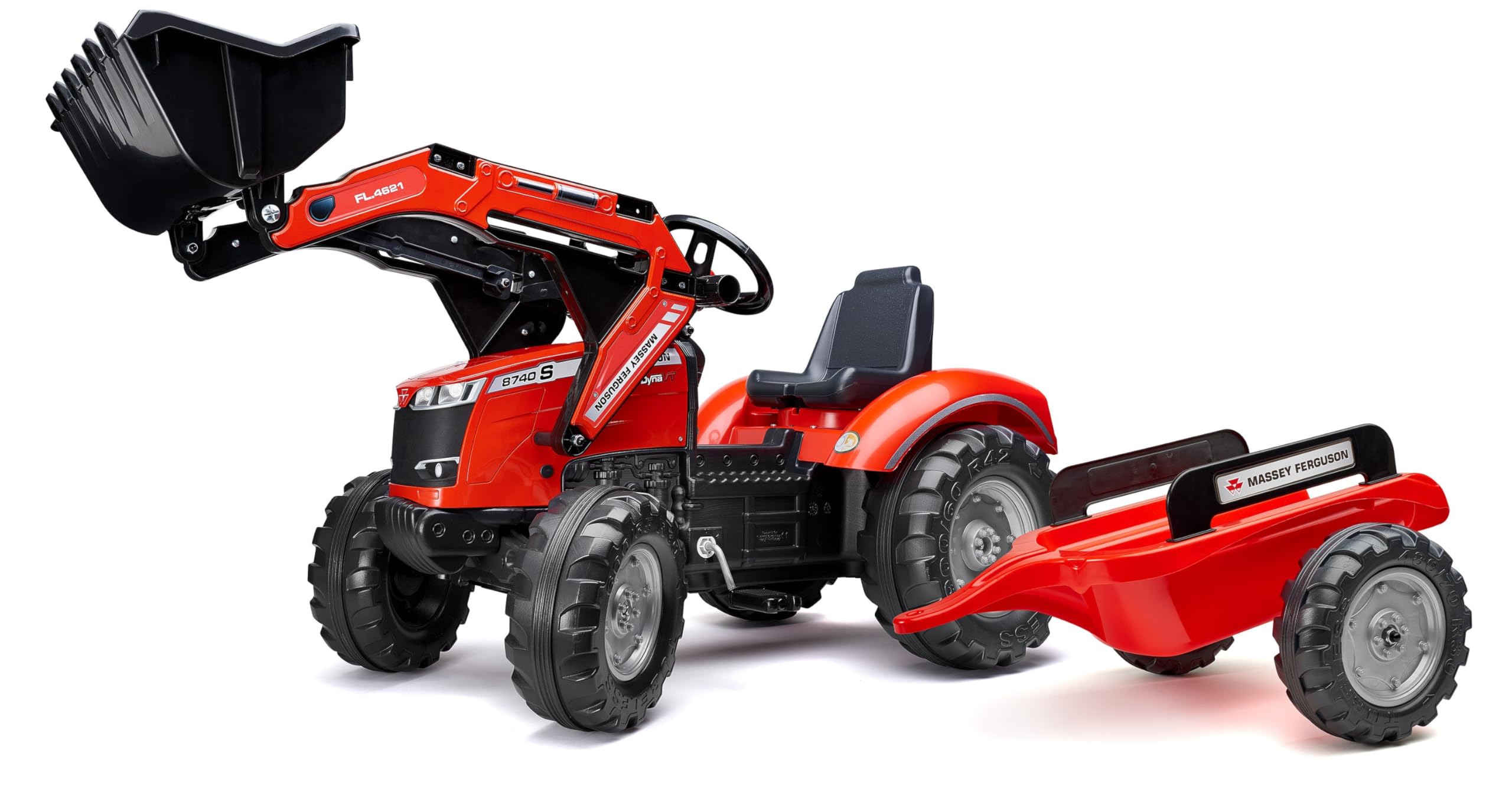 FALK - Tractopelle à pédales Massey Ferguson avec et remorque - Jeux exterieur enfant - Tracteur enfant - Dès 3 ans - Fabriqué en France - Pelle frontale articulée - Siège ajustable - 4010AM