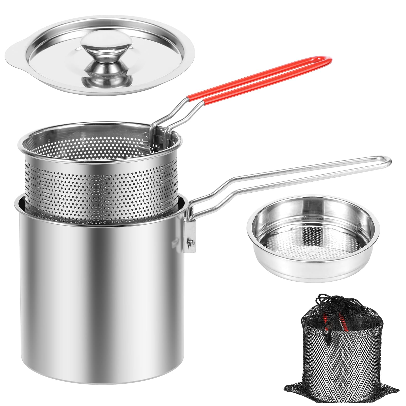 Deep Fryer Pot with Strainer Basket Stainless Steel Deep Frying Pot with Handle Good Heat Conductivity Oil Fryer Pot Portable Deep Frying Oil Container (Style1)
