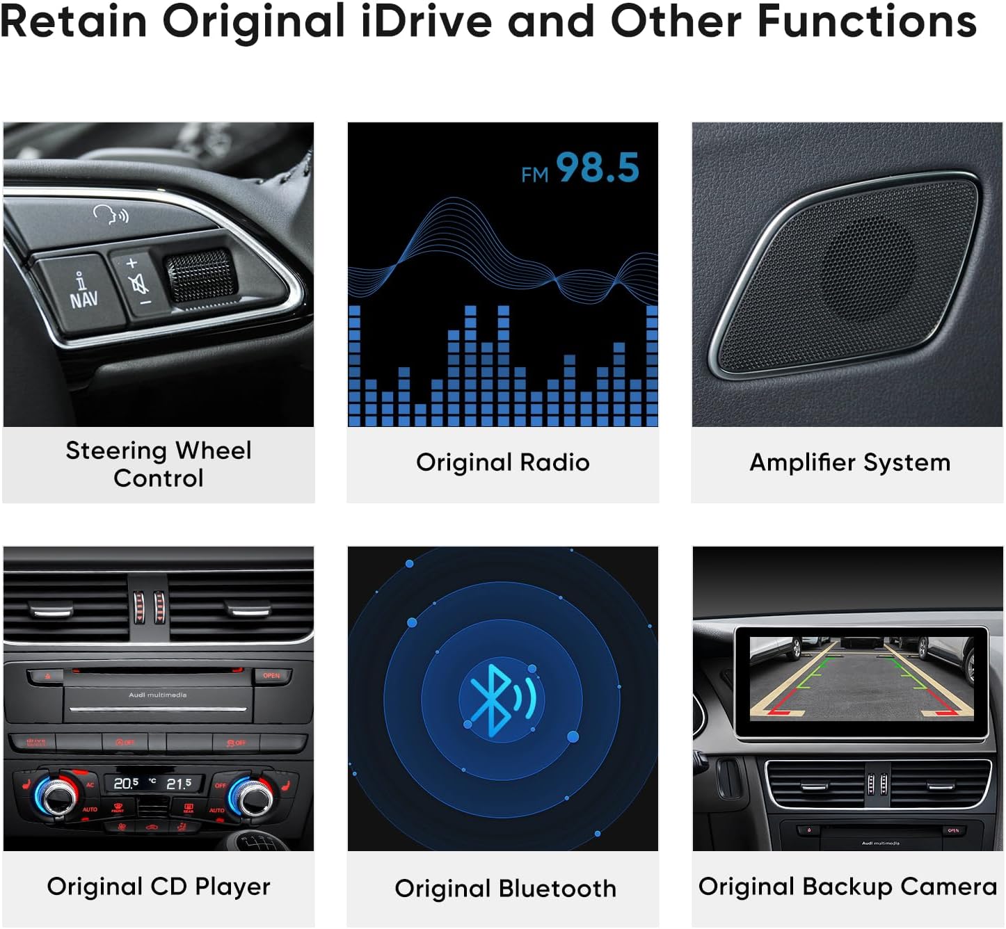 Image showing various original Audi functions retained by the AINAVI unit, including steering wheel control, original radio, amplifier system, original CD player, original Bluetooth, and original backup camera.