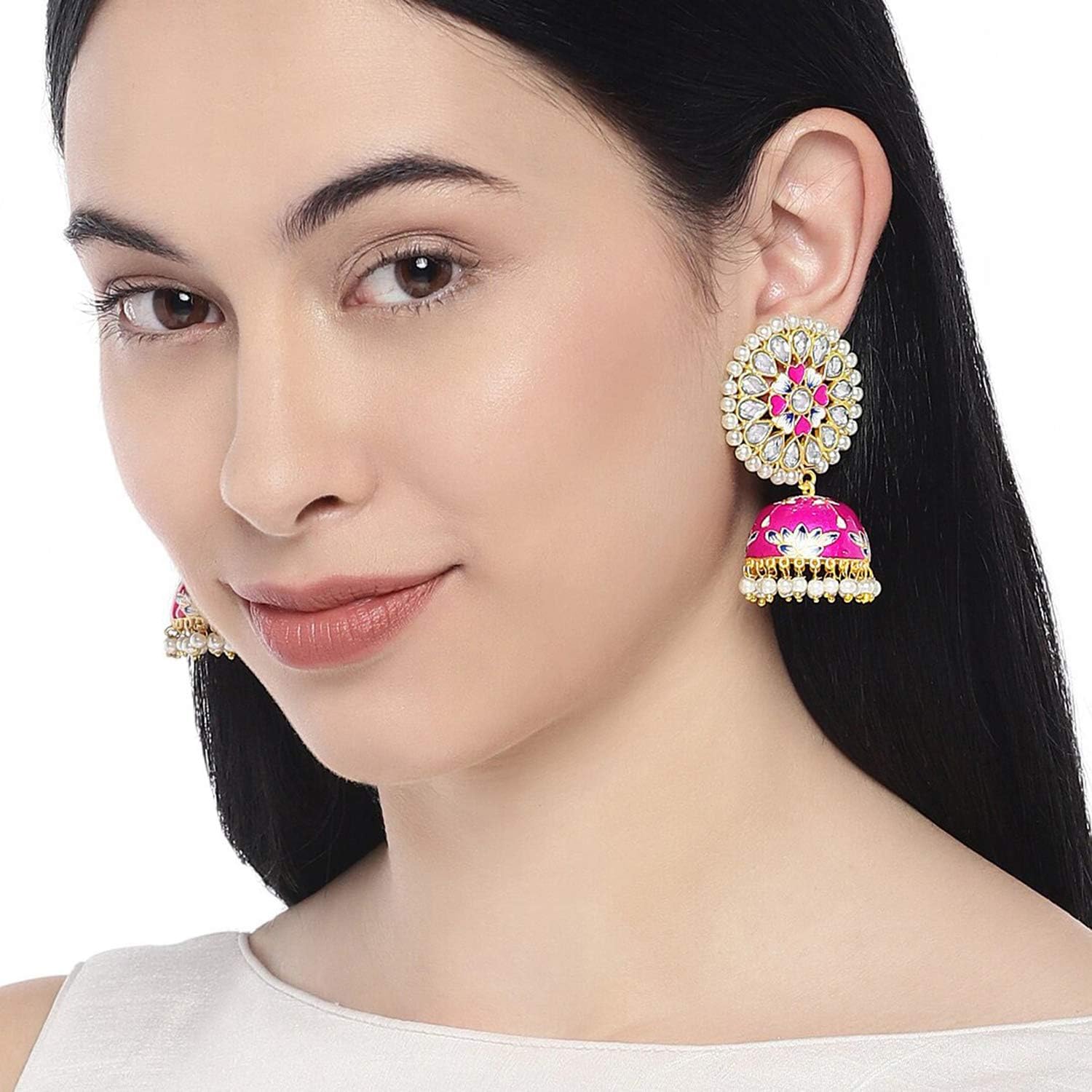 Aheli Handcrafted Faux Kundan Studded Floral Enamel Jhumka Jhumki Earrings Set Indian Ethnic Traditional Wedding Wear Fashion Jewelry Gift for Women
