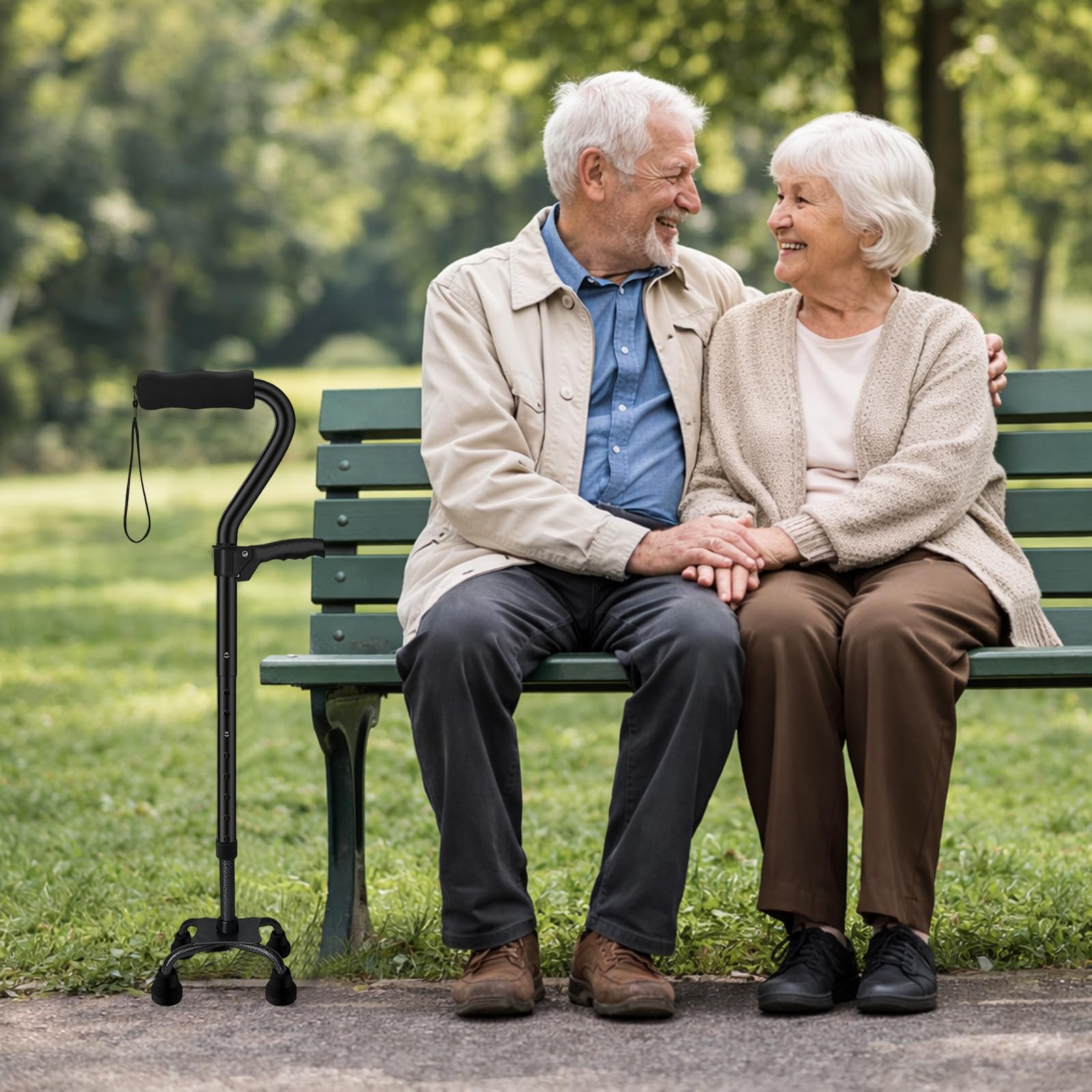 Bastone Pieghevole con Base a 4 Rebbi e Doppia Impugnatura - Aiuto alla Deambulazione Regolabile e Leggero per Donna/Uomo - Bastone Quad Stabile per Anziani e Adulti - Impugnatura Morbida Ergonomica