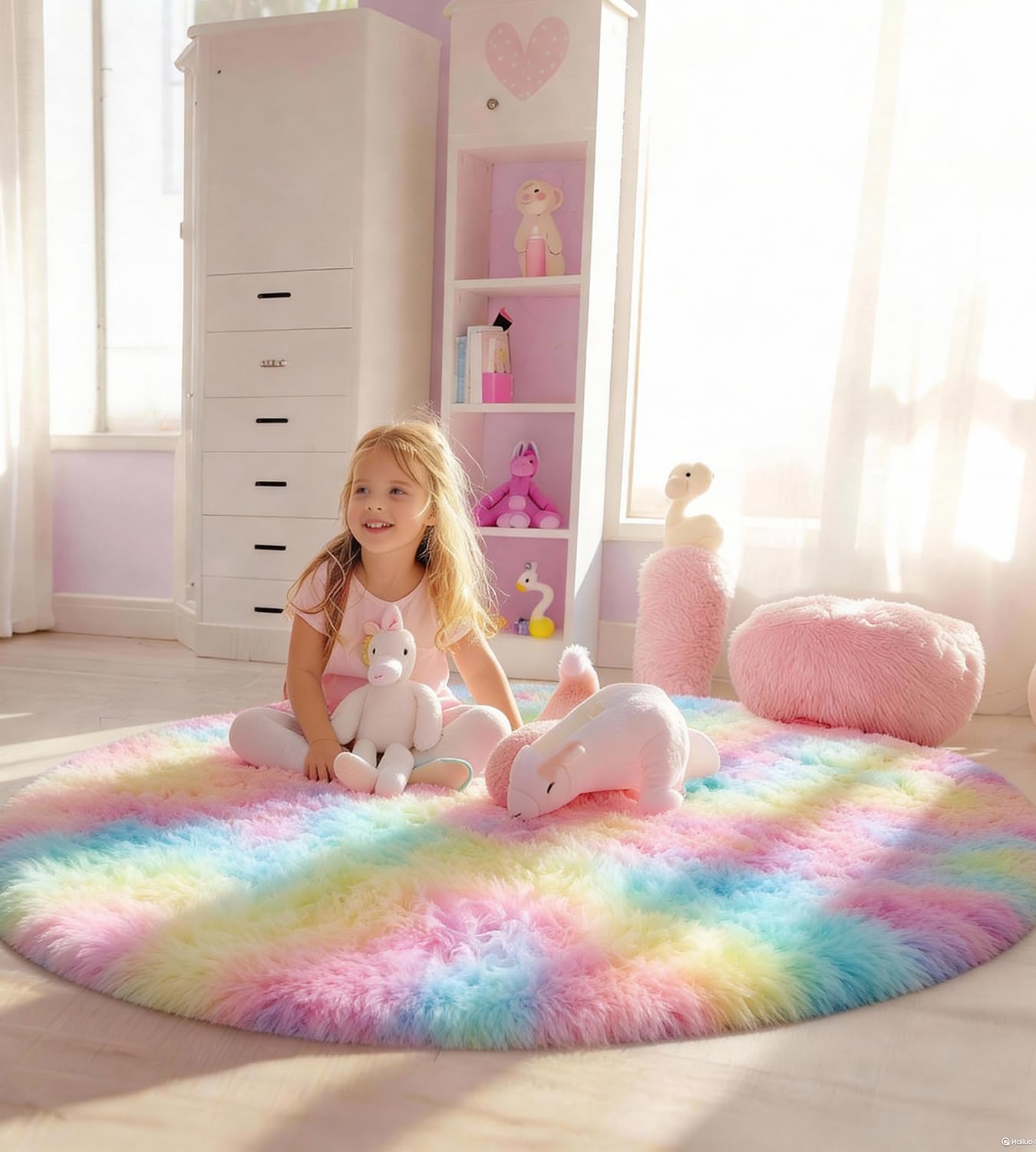 Teppich Kinderzimmer Rund 100 cm Regenbogen | Waschbar, Kinderzimmer Mädchen Junge, OEKO-TEX Zertifiziert, Schlafzimmer, Flauschig, Rutschfeste Unterseite