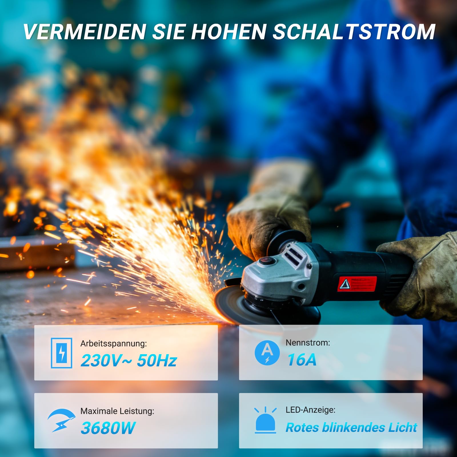 Anlaufstrombegrenzer Steckdose, 3680W 16A Einschaltstrombegrenzer bis 46A, Verhindert Auslösen von Sicherungsautomaten, Thermoschutz, CE-Zertifiziert für Winkelschleifer Schweißgerät