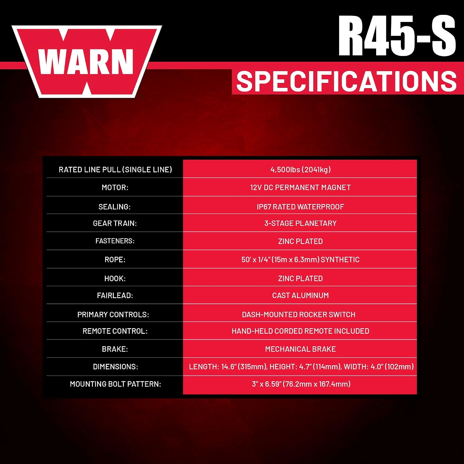 Warn R45-S Rope Winch - 4,500 lb. Pulling Capacity, Equipped with 50’ of 1/4” Synthetic Rope & Dash-Mounted Rocker Switch - Remote and Fairlead for ATV, UTV, Side by Side, and SXS Recovery & Towing