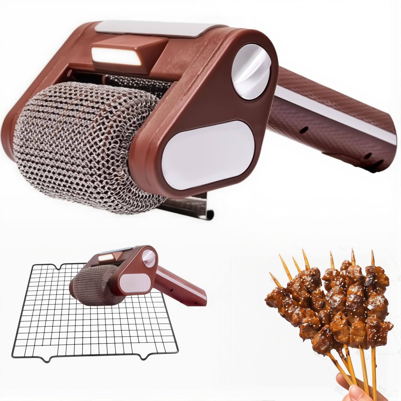 Electric Grill Brush Bristle Free, BBQ Cleaning Brush, 304 Stainless Steel Grill Cleaner, Cordless BBQ Cleaning Kit with LED, Detachable 350 RPM Stainless Roller, BBQ Accessories Kitchen Outdoo brown