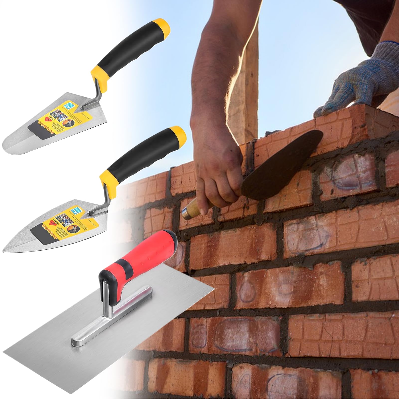 Llana de Albañilería Suministros para Alisado y Acabado Plano | 3 Herramientas de Concreto con Mango Suave Utensilios para Reparación de Estuco, Colocación, Relleno, Revestimiento Suelo,
