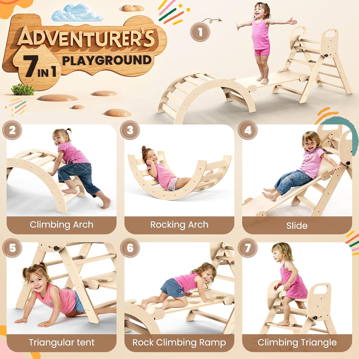 Pikler Triangle Set Foldable Wooden Toddler Climbing Toys Indoor, Playground Jungle Gym for Kids, Montessori Climbing Set for Toddlers