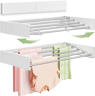 VIKAQI 32" Wall Mounted Folding Clothes Drying Rack, 5 Sturdy Stainless Steel Rods, Collapsible Space-Saving Laundry Organizer, White