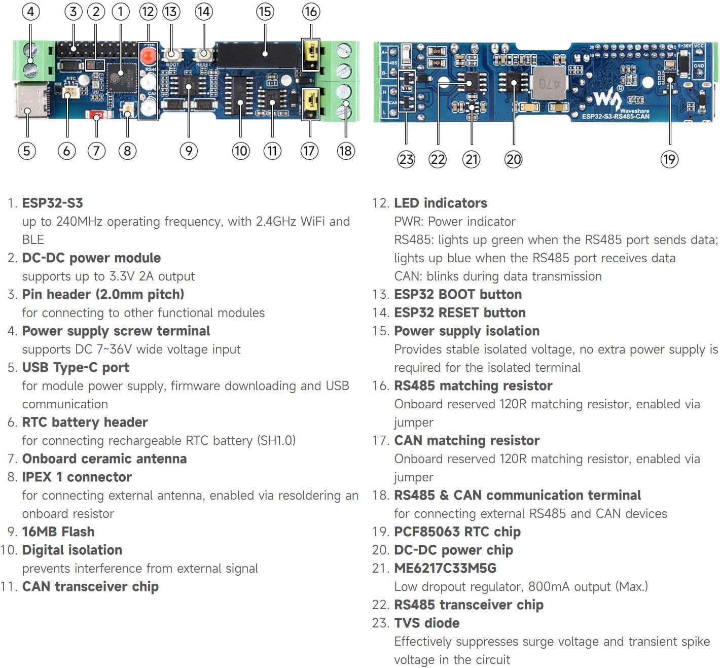 Waveshare Industrial ESP32-S3 Control Board with RS485 and CAN Communication Interfaces, Wi-Fi/Bluetooth Support, Built-in Multiple Protection Circuits