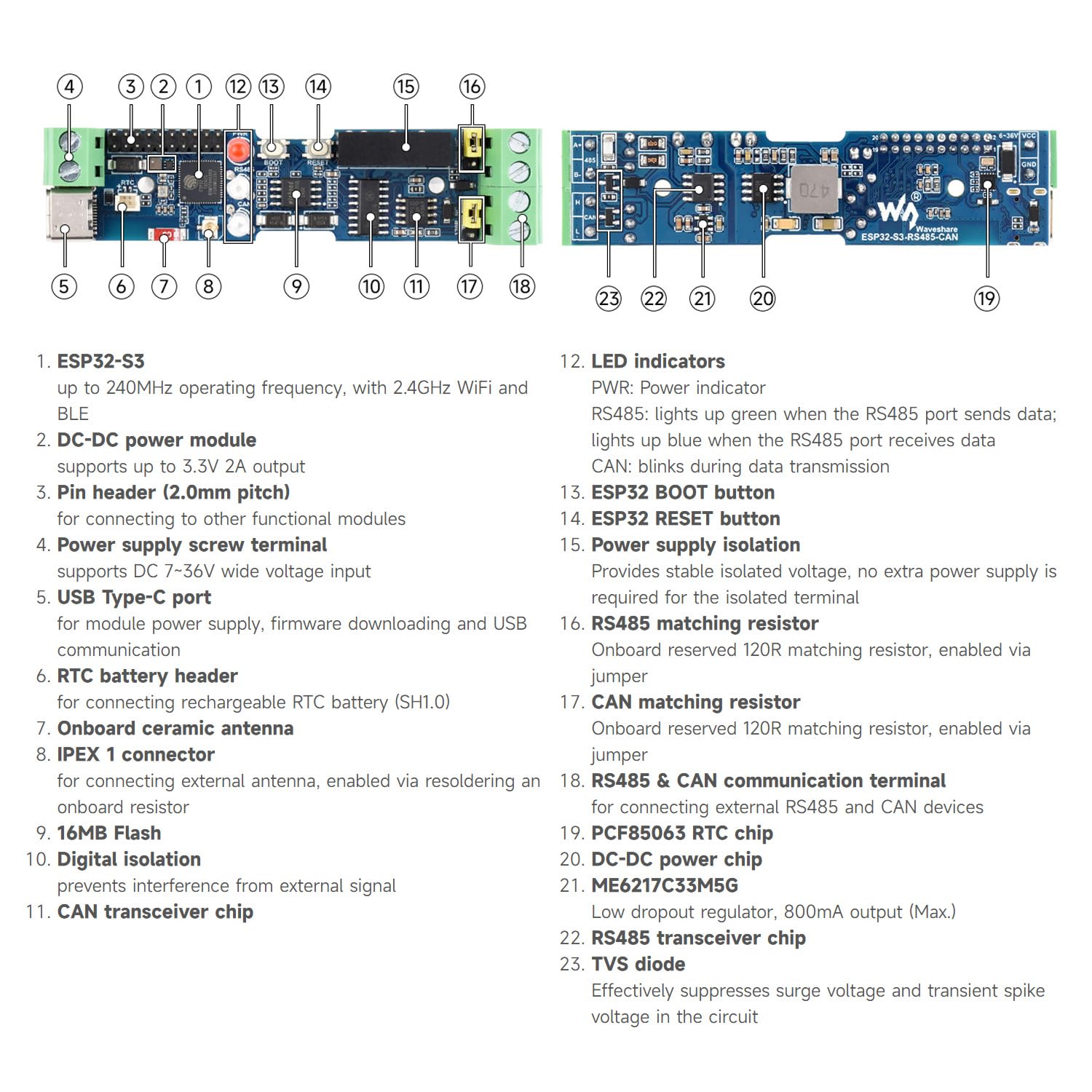 Waveshare Industrial ESP32-S3 Control Board with RS485 and CAN Communication Interfaces, Wi-Fi/BT Support, Built-in Multiple Protection Circuits