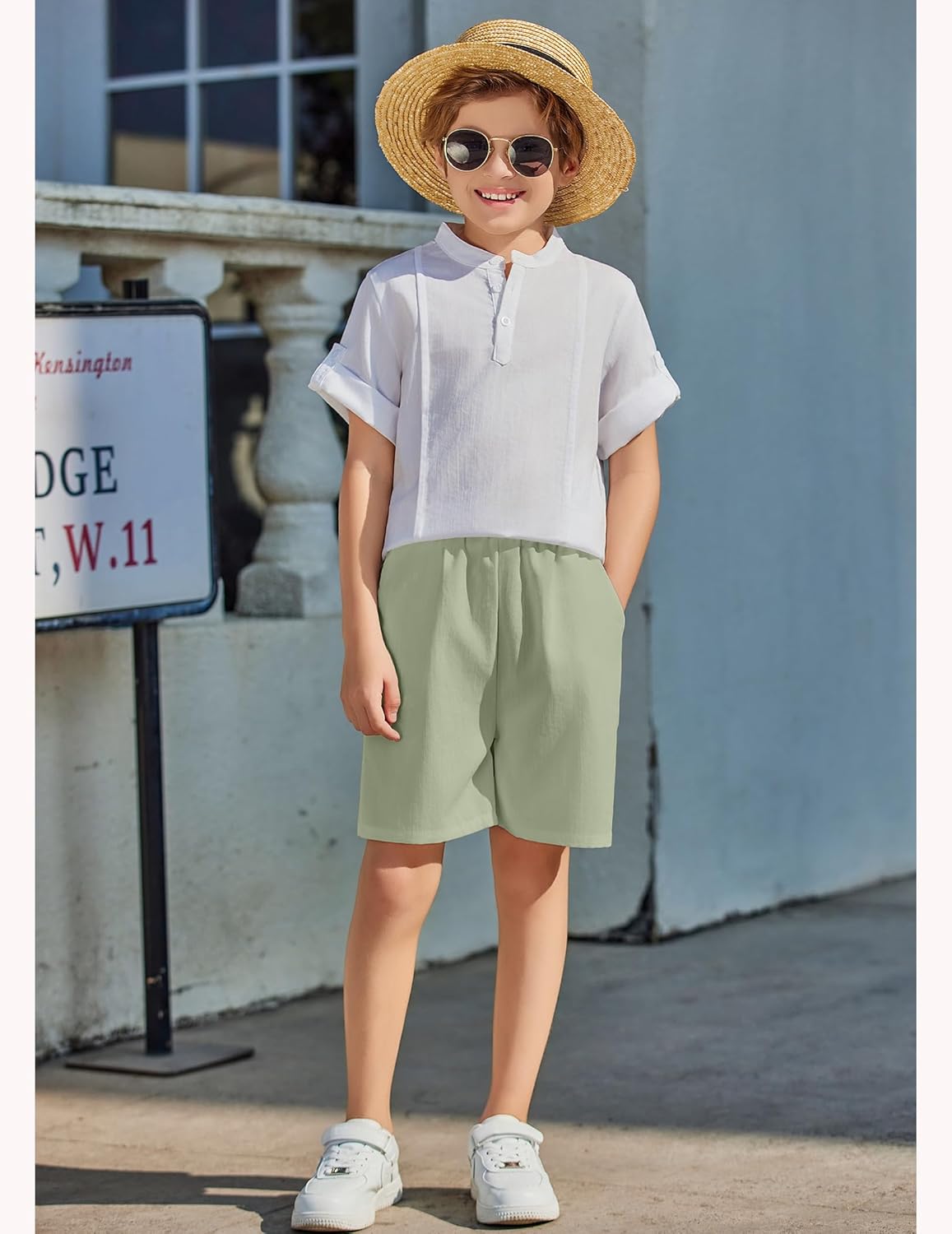 Arshiner Boy's 2 Pieces Linen Sets Short Sleeve Henley Shirt and Shorts Summer Beach Matching Outfits 4-12 Years - Image 5