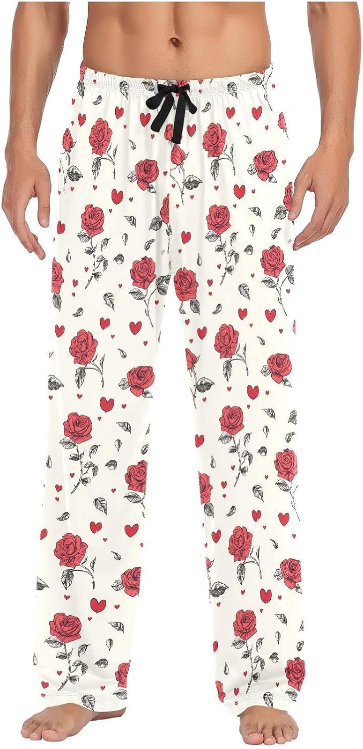 ZZKKO Pajamas Pants for Men Hand Drawn Roses Heart Men's Pajama Bottoms Cotton PJ Pants for Mens S