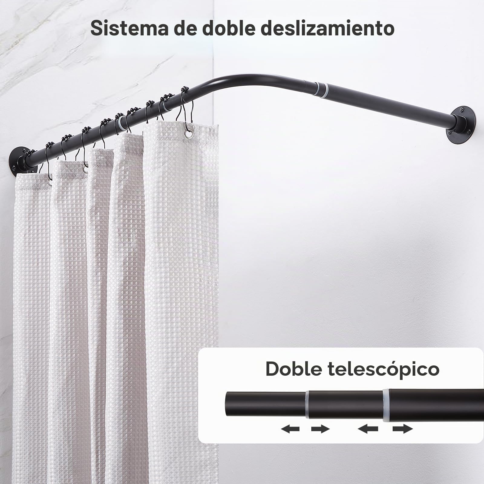Barra de Ducha en Forma de L Ajustable [62-121 cm] x [62-121 cm] para Esquina, con 12 Ganchos y Soporte de Techo para Bañera - Negro Mate