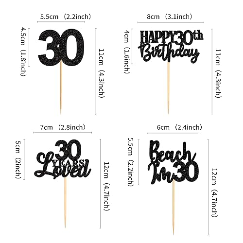 Miniatura 2 de Ercadio Paquete de 24 adornos para cupcakes de 30 años con purpurina negra para cupcakes de 30 años para 30 cumpleaños, aniversario, fiesta,