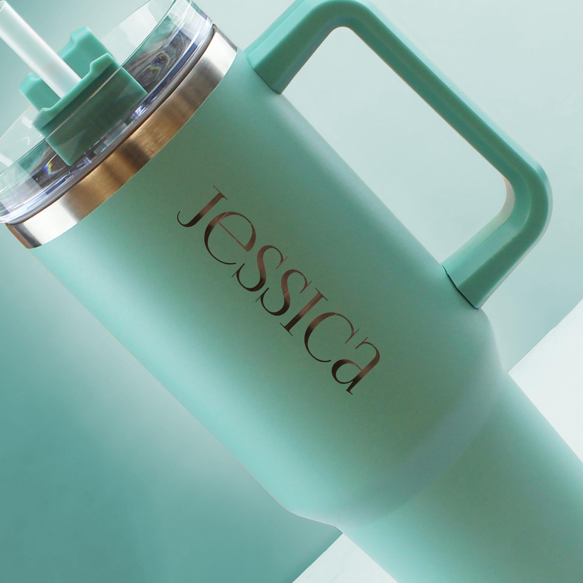 Gobelet isotherme gravé personnalisable, 1135 ml, grande tasse à café de voyage bleu sarcelle, personnalisable avec n'importe quel nom et police de caractère, en acier inoxydable, paille et poignée