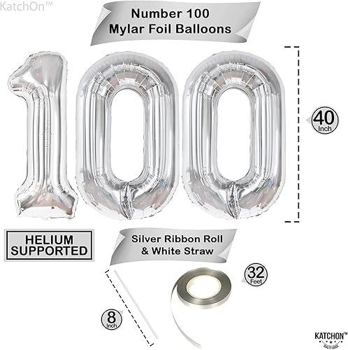Miniatura 4 de KatchOn, Globos gigantes plateados del número 100  40 pulgadas, globos de 100 quilates para redes sociales  Globos de 100 números plateados para