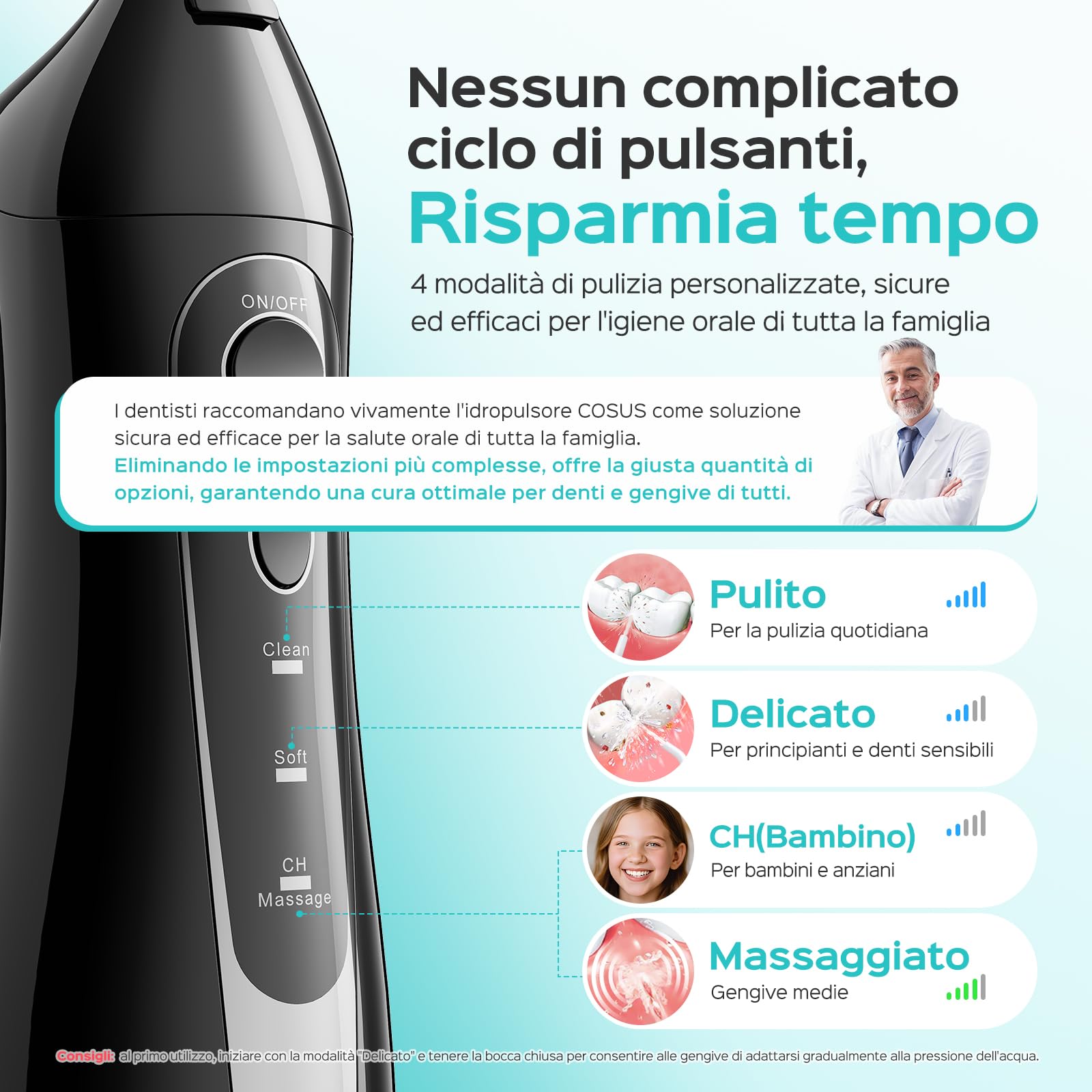 COSLUS C20 Idropulsore Dentale Portatile Senza Fili, 300 ML Irrigatore Idropulsore Ricaricabile Foppio Flusso Impermeabile IPX7 Water Orale Flosser Pulizia Denti Ideale per Viaggi a Casa Nero
